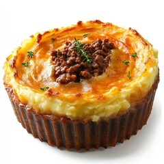 A savory meat pie topped with mashed potatoes and herbs, perfect for a hearty meal.