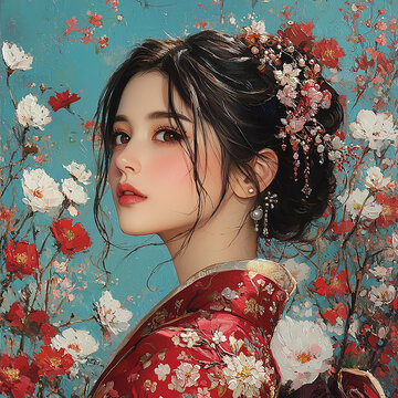 赤い着物の美しい女性の横顔ポートレート、黒髪に真珠の髪飾りと紅白の花が煌めき、青い背景に咲く赤と白の花々が彩る、油彩画タッチで描かれた幻想的な和風イラストレーション