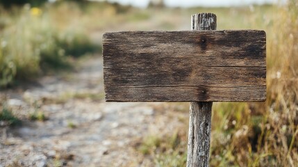 A weathered wooden sign stands along a dusty path in a rural setting. The blank sign provides a space for your message.
