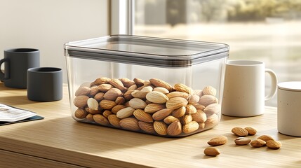 Transparent Food Box Mockup showcases a clear container filled with almonds, set against a cozy, sunlit kitchen backdrop, highlighting freshness and simplicity.