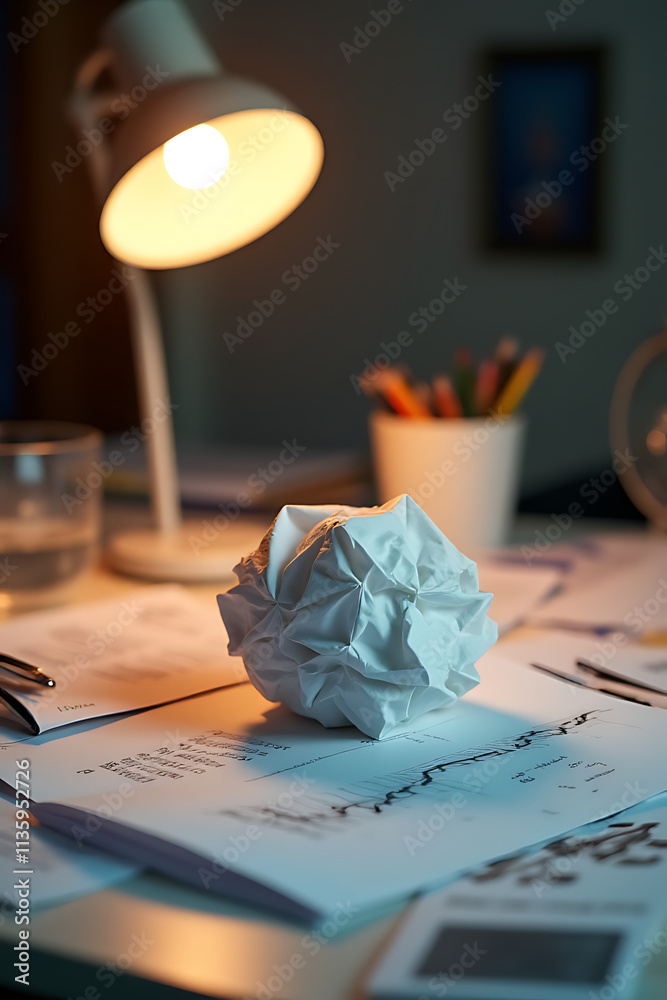 Aufkleber Concepts merge on a cluttered desk with a crumpled paper ball surrounded by a focused business approach and lamp light._00002_