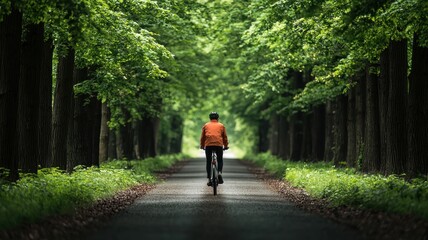 A cyclist in an orange vest rides along a tree-lined path, surrounded by lush greenery, creating a serene and peaceful atmosphere.