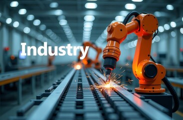 A robotic arm is engaged in precise cutting tasks within a contemporary industrial space, creating sparks on a production line while other machines operate in the background.