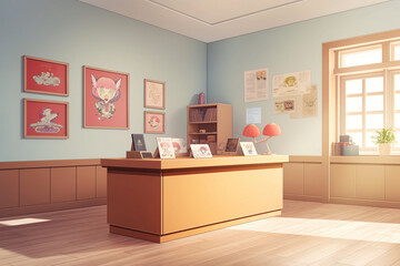 Sunlit cozy office showcasing colorful anime-inspired art pieces