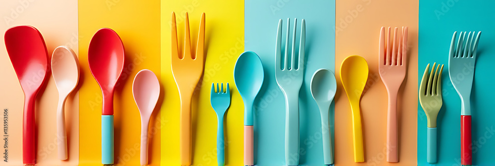 Poster Colorful utensils are displayed on a flat colorful surface creating a visually appealing top down composition._00002_