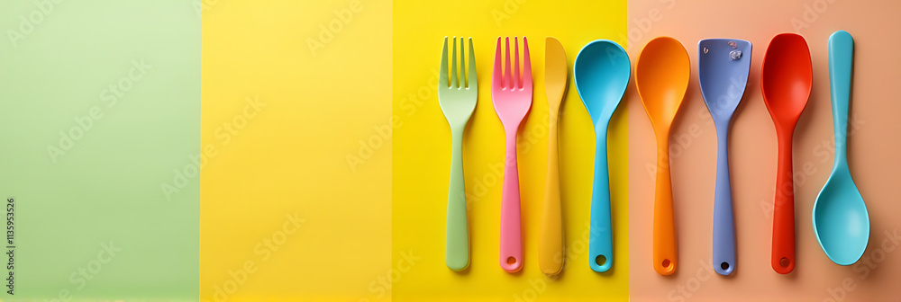 Poster Colorful utensils are displayed on a flat colorful surface creating a visually appealing top down composition._00001_