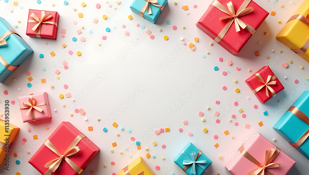 Poster colorful gift boxes with confetti and a flat lay design make for an ideal party background with crea