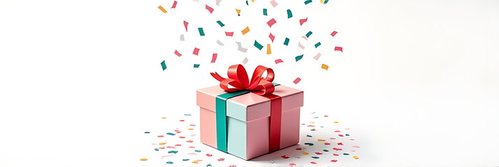 Colorful gift box with confetti on a white background adds a celebratory touch to party and anniversary celebration concepts._00001_