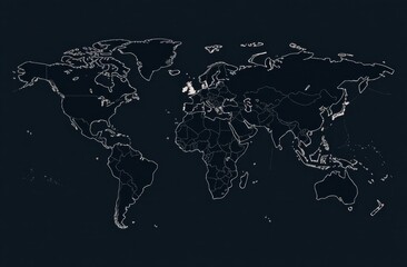 A detailed world map showcases outlines of continents and countries in a minimalist style. The dark background emphasizes geographical features while highlighting borders clearly.