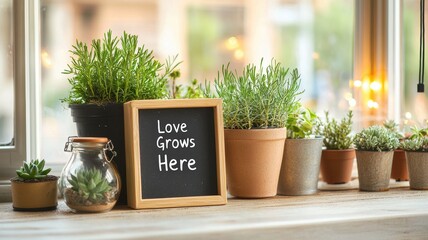A cozy display of potted plants with a chalkboard sign that reads "Love Grows Here," creating a warm and inviting atmosphere.
