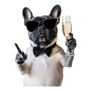 French bulldog wearing sunglasses and bow tie holding champagne with transparent background PNG