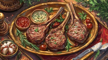 Fototapeta premium Gourmet Grilled Lamb Chops Served on Golden Platter