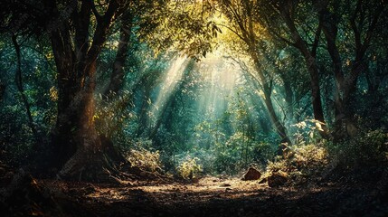 A dense forest with sunlight streaming through the trees, creating a magical and awe-inspiring natural wonder.
