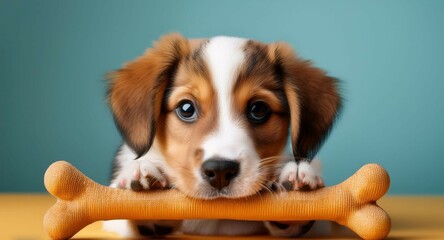 Tierno cachorro con un hueso y fondo colorido, perro bebé con juguete y fondo en color sólido de un solo color