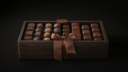 Delightful assortment of chocolates in dark wooden box, elegantly presented