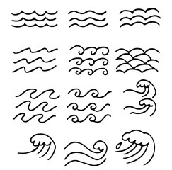 Fototapeta premium Wave sea line doodle icon set. Hand drawn sketch water wave outline. Simple curve, scribble aqua flow
