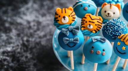 Fototapeta premium Colorful cake pops featuring animal designs, perfect for parties and celebrations.
