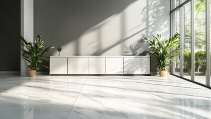 Modern Minimalist Living Room Interior Design with White Cabinet and Marble Floor