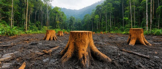 A deforested area showcases tree stumps surrounded by mud and lush greenery in the background, highlighting environmental impacts of logging.