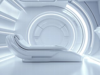 A sleek, futuristic room featuring a minimalist design with a white reclining chair and circular lighting.