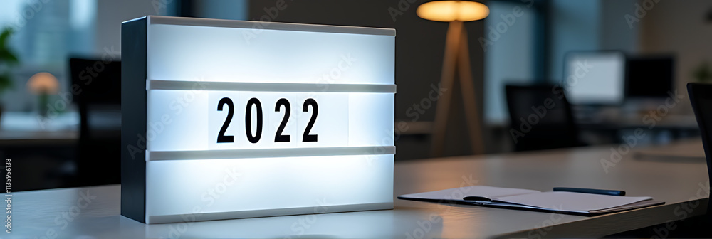 Poster action plan details for 2022 are displayed on a light box situated on an office desk._00002_