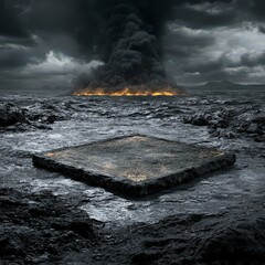 Apocalyptic Seascape  Mysterious Stone Altar  Burning Horizon  Dark Fantasy