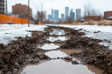 A muddy path with tire tracks leads toward a city skyline, showcasing a blend of nature and urban life in a cloudy atmosphere.
