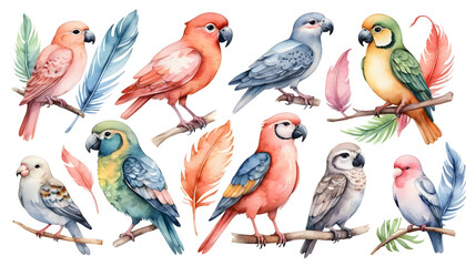 Fototapeta premium Watercolor painting showcases a vibrant collection of parrots, each perched on a branch, displaying a variety of colors and plumage patterns