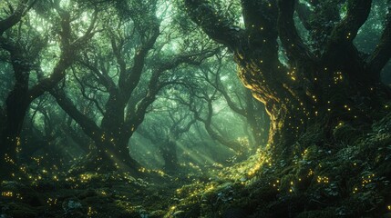 Fototapeta premium A dense forest with towering, otherworldly trees covered in glowing moss, creating a magical atmosphere