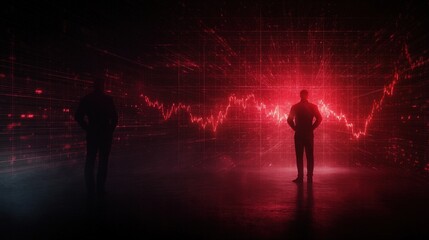 Two silhouettes stand against a vibrant red digital background, representing data analysis or technological themes in a futuristic setting.