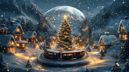 A festive snow globe featuring a tiny train circling a snowy Christmas tree surrounded by glowing cottages, swirling snowflakes illuminated by soft golden light,
