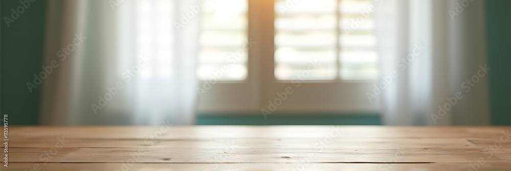 Poster A wooden tabletop features a blurred window with shutters partially hidden behind a flowing white curtain in the background._00002_