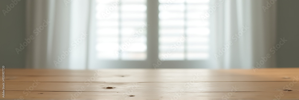 Poster a wooden tabletop features a blurred window with shutters partially hidden behind a flowing white cu