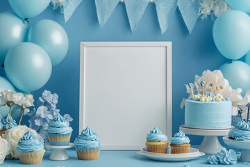 Baby Boy's First Birthday Cake Smash Setup with Cupcakes and Balloons