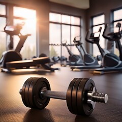 Naklejka premium 3D Fitness Room Visualization: Dumbbells with Equipment in the Background