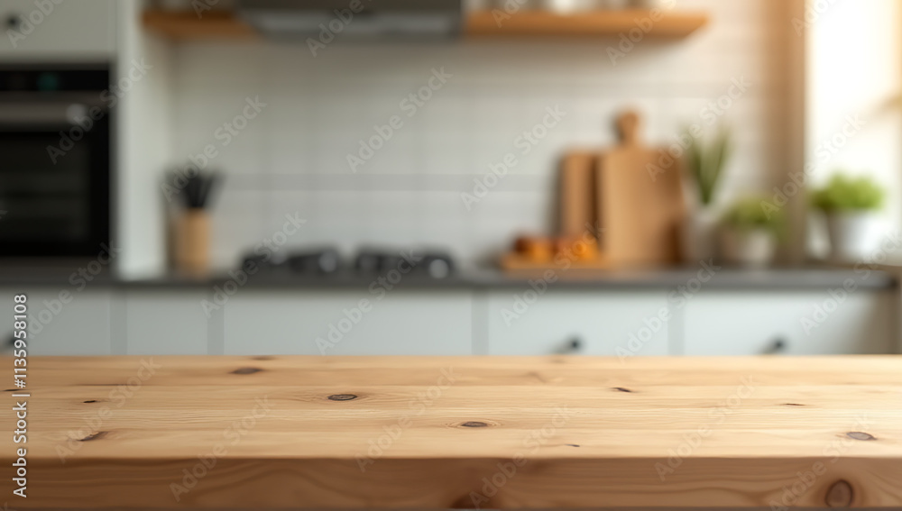 Aufkleber A wooden table top comes into sharp focus while the kitchen counter behind it is blurred out of focus._00001_