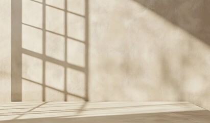 Beige Wall with Window Shadow and Empty Floor Product Display Mockup