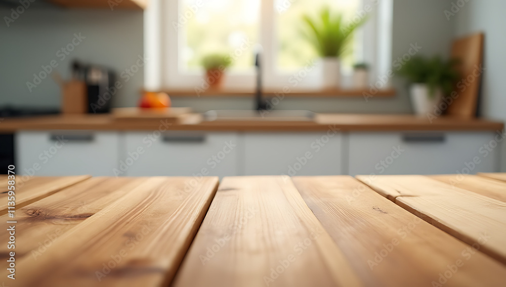 Poster A wooden table top comes into sharp focus while the kitchen counter behind it is blurred out of focus._00002_