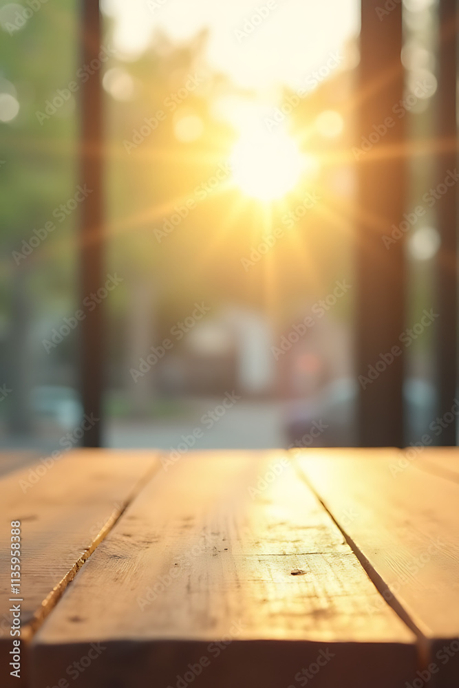Aufkleber a wood table top with a blurry sunlit glass window background is ideal for a product display or key 