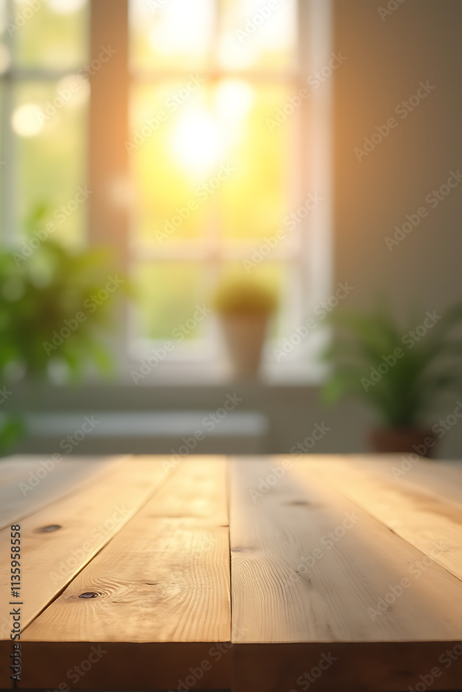 Poster a wood table top with a blurry sunlit glass window background is ideal for a product display or key 