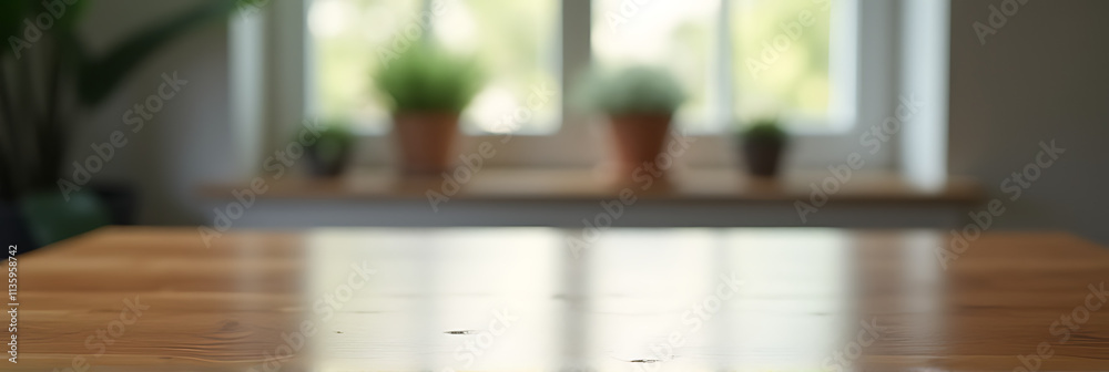 Poster A wood table top reflects a blurry window view with a subtle wall background in soft focus._00001_