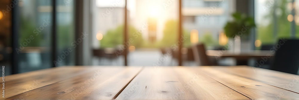 Poster A wood table has a blurred glass window of a building as its background in a clear shot outside._00002_