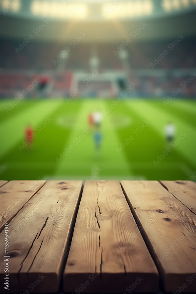 Poster A wood table features a blurred soccer field pattern as its distinctive tabletop design element and background image._00002_