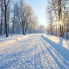 Obraz premium Sunlit Winter Wonderland Snow Covered Road Snowy Trees Scenic Park