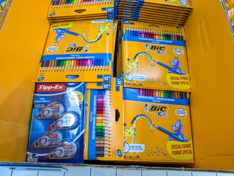 France, 10 August 2024 : BIC Kids Coloured Pencils and Tipp-Ex Correction Tape Display
