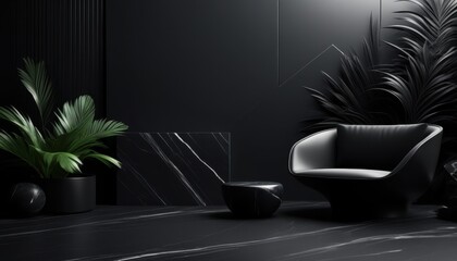 Modern black interior with a sleek chair and potted plant, ideal for home decor and minimalist design concepts.
