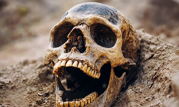 Exhumed Skull Yawning from Sandy Grave, A Macabre Discovery