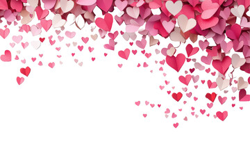 Valentine's Day background with paper hearts and confetti on transparent background, 3D illustration with copy space for text