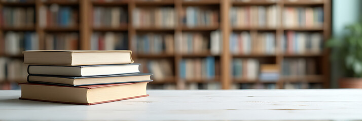 Fototapeta premium A white wooden table sits atop a blurred library background with books stacked haphazardly in the foreground._00002_