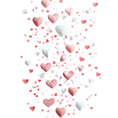 Valentine's Day background with paper hearts and confetti on transparent background, 3D illustration with copy space for text